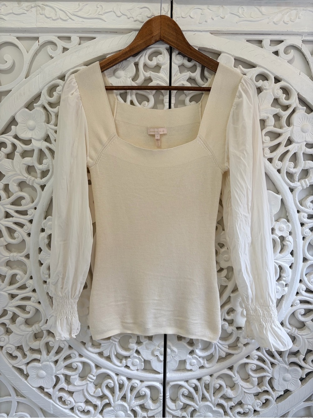 Rebecca Taylor Wool Silk Sleeve Square Neck Sweater Ivory S